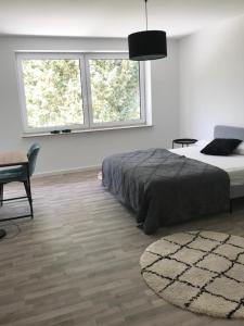 a bedroom with a bed and two windows and a rug at Martins Guesthouse Zimmer in Hannover