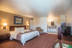 um quarto de hotel com uma cama e uma televisão de ecrã plano em Quality Inn At Town Center em Beaufort