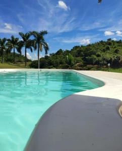 a swimming pool with blue water and palm trees at Raposo Vale Encantado Pousada in Antônio Prado