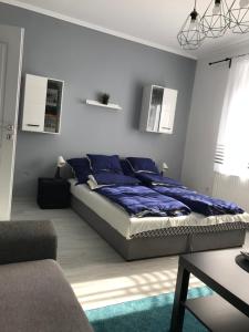 a bedroom with a bed with blue sheets on it at City Center Apartman Nagykanizsa in Nagykanizsa