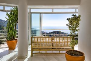 a living room with a couch and two potted plants at Highclere Hotel and Spa in Faralya