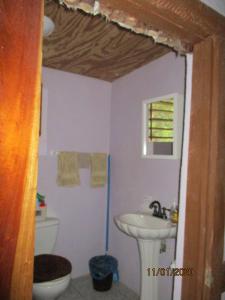 Baño pequeño con aseo y lavamanos en Cerros Beach Inn, en Corozal