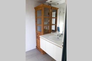 ein Badezimmer mit einem Waschbecken und einem Holzschrank in der Unterkunft De Schaapskooi - Knus Veluws vakantiehuisje in Ede