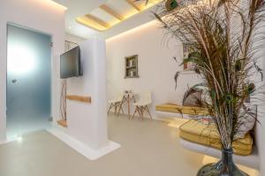 un soggiorno con TV e vaso con una pianta di Valena Mare Suites & Apartments a Plaka