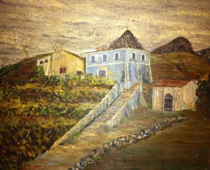 un dipinto di una strada con edifici di San Cerbone a Porto Azzurro