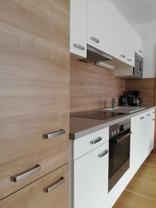 a kitchen with white appliances and wooden walls at Appartement Alpenglück in Aich