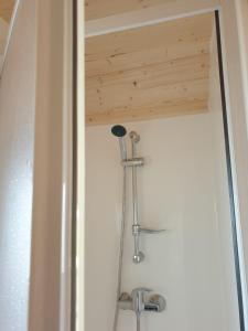 a shower in a bathroom with a wooden ceiling at B&B La ferme du Château de Broich in Plombières