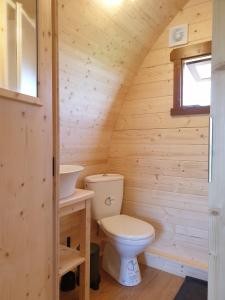 - une salle de bains dans une cabane en rondins avec toilettes et lavabo dans l'établissement B&B La ferme du Château de Broich, à Plombières