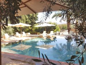 a swimming pool with chairs and umbrellas at Jnane Tihihit in Lalla Takerkoust