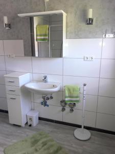 ein Bad mit einem Waschbecken und einem Spiegel in der Unterkunft Haus Am Battenstein in Hilders