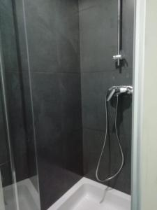 a shower with a glass door and a sink at Central and Cozy in Brussels in Brussels