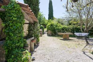 ścieżka w ogrodzie z ławką i bluszczem w obiekcie Maison Sule w mieście Malaucène