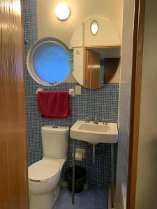 y baño con aseo, lavabo y espejo. en Monoambientes Cuauhtemoc, en Ciudad de México