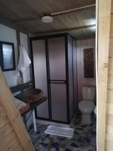 a bathroom with a toilet and a sink at Hotel Campestre El Refugio de Balsora in Filandia