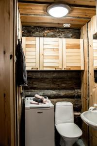 a small bathroom with a toilet and a sink at Varjokelo in Ruka