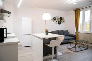 a kitchen and a living room with a couch at *Le Tendance appart* in Village-Neuf