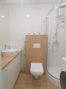 a bathroom with a toilet and a shower and a sink at Apartament uTymka in Słupsk