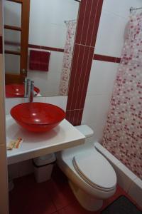 a bathroom with a red sink and a toilet at Hostal Camiluz in Nazca