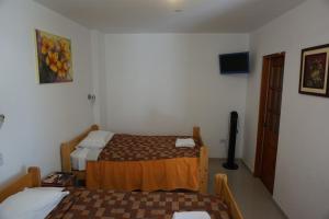 a small room with two beds and a tv at Hostal Camiluz in Nazca