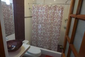een badkamer met een douchegordijn en een toilet bij Hostal Camiluz in Nazca