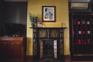 William Arnott Boutique Accommodation في Morpeth: غرفة معيشة مع موقد وتلفزيون