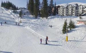 a group of people skiing down a snow covered slope at Hotel Adrenalin in Dragobrat