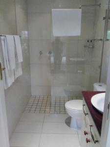 a bathroom with a shower and a toilet and a sink at Tranquil Tokai in Tokai