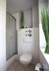 ヴァンガーオーゲにあるSeehundのバスルーム(トイレ、ガラス張りのシャワー付)
