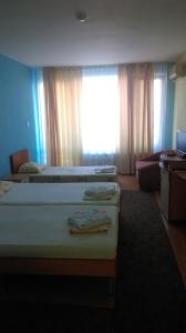 ソゾポルにあるFamily Hotel Coralのベッド2台と窓が備わるホテルルームです。