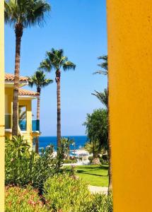 ein Haus mit Palmen und dem Meer im Hintergrund in der Unterkunft Malama Beach Holiday Village in Protaras