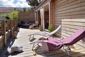 a cat sleeping on a chair on a deck at Résidence & Hotel U Livanti ECOLABEL in Propriano