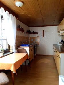 a small kitchen with a table and a sink at Ferienwohnung-Lalka in Altenkirchen