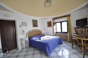 a bedroom with a bed with a blue blanket at Villa Eva in Anacapri