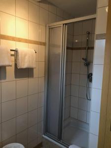 y baño con ducha y aseo. en Gasthof PANORAMA, en Ehrwald