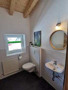 y baño con aseo, lavabo y espejo. en Apart Bergglück, en Sankt Leonhard im Pitztal