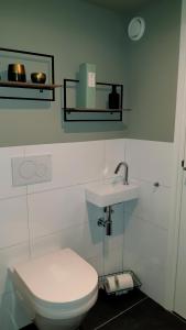 La salle de bains est pourvue de toilettes blanches et d'un lavabo. dans l'établissement Vakantie-appartement Oppe Donck met sauna, à Posterholt