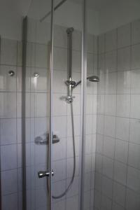 a shower with a glass door in a bathroom at Ferienwohnung-Moorberg-mit-schoener-Terrasse-in-ruhiger-Lage in Dreschvitz