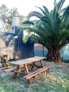 a wooden picnic table in front of a palm tree at Complejo Las Palmeras Casa 1 in San Clemente del Tuyú
