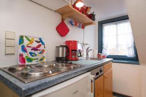 eine Küche mit Herd und Arbeitsplatte in der Unterkunft Hansen Hof, Wohnung 2 in Tinnum