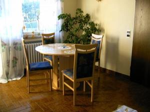 Ferienwohnung-Nuerburgblick في Reifferscheid: طاولة وكراسي في غرفة بها نبات