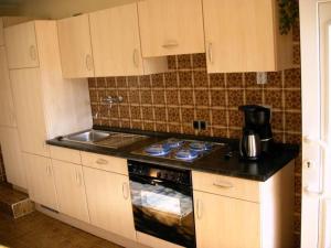 a kitchen with a stove and a sink at Ferienwohnung-Nuerburgblick in Reifferscheid