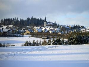 un campo innevato con una città sullo sfondo di Ferienwohnung-Nuerburgblick a Reifferscheid