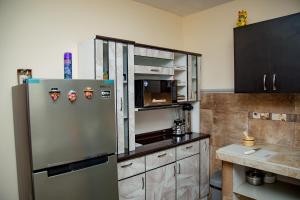a kitchen with a stainless steel refrigerator and a microwave at Euler House`s in Cusco