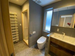 a bathroom with a toilet and a sink and a window at Tanuki House - walking distance to Rusutsu Resort in Rusutsu