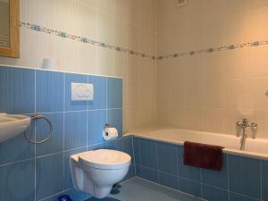 a blue bathroom with a toilet and a bath tub at Ferienhaus-Maxe-Wohnung-Hannah in Wulfen auf Fehmarn
