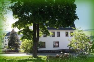 Neudorf的住宿－Grosse-Ferienwohnung-Ebert-Green，前面有一棵树的白色房子