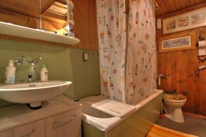 La salle de bains est pourvue d'un lavabo, de toilettes et d'un rideau de douche. dans l'établissement B&B La Pivoine, à Rossinière
