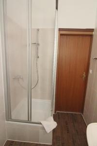 La salle de bains est pourvue d'une douche avec une porte en verre. dans l'établissement Kapitaenshaus-Lassen-Zimmer-Amistad, à Westerland