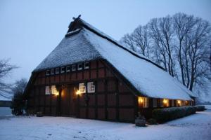a barn covered in snow with lights on it at Bauernhaus-am-Fluss in Berne