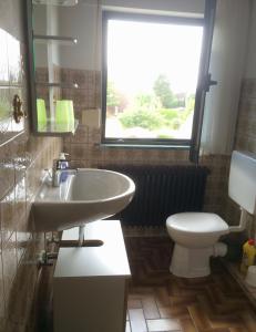 uma casa de banho com um lavatório, um WC e uma janela. em Goldene-Linie-4-Taubennest em Wangerland